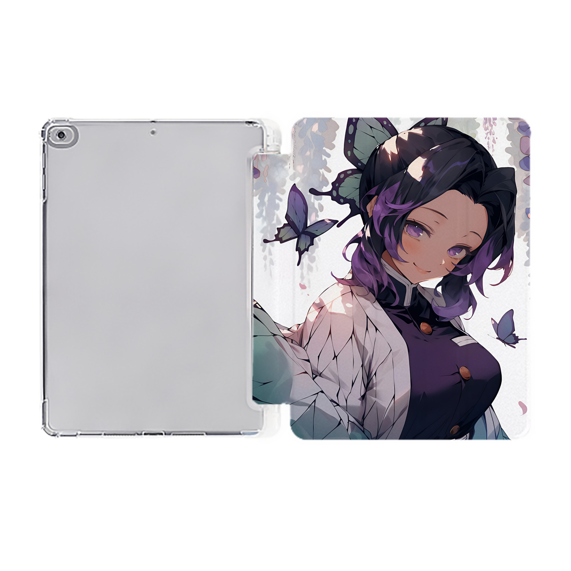 （画像用） 鬼滅の刃（きめつのやいば）蟲柱-胡蝶 しのぶ／こちょう しのぶ Kochou Shinobu IPad ケース ペン収納付き 三つ折りスタンド PUレザー×シリコン 対応機種9.5/10.5/10.9インチ